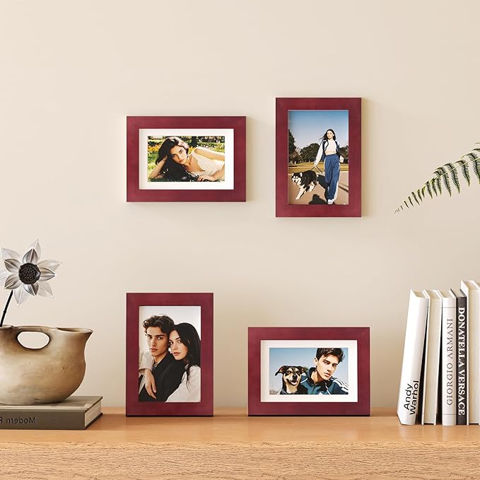 Egofine 4x6 Picture Frames Set of 4 Covered by Plexiglass - Made of Solid Wood for Table Top Display and Wall Mounting photo frame Cherry Red