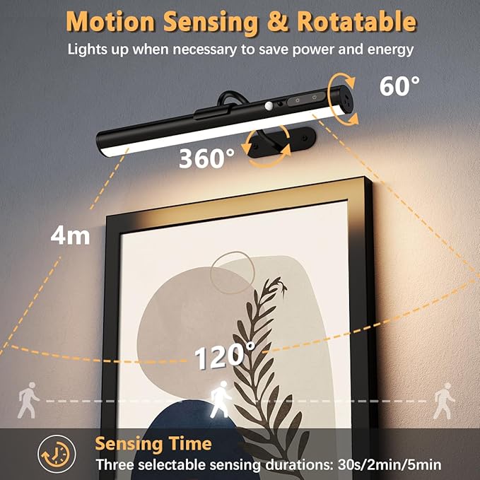 Hapfish Motion Sensor Battery Operated Wall Sconce, Wireless Picture Lights for Wall, Rechargeable Magnetic Art Lighting with Remote Control, Battery Picture Light for Poster Dartboard Mirror - Black