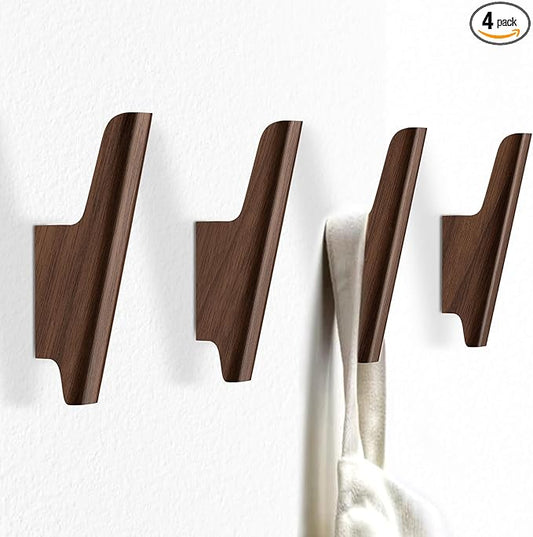 Wooden Wall Hooks 4 Pack Coat Hooks Mounted Walnut Wooden Hooks for Wall Hanging Hat, Towel, Bag, Backpack, Decorative Wood Heavy Duty Hook for Entryway and Bathroom (Walnut, Dark)