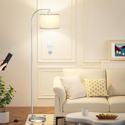 Arc Floor Lamp with Remote and Stepless Dimmable Bulb, Colors Temperature & Brightness Adjustable, Floor Lamps for Living Room（Grey Shade & Silver Pole）