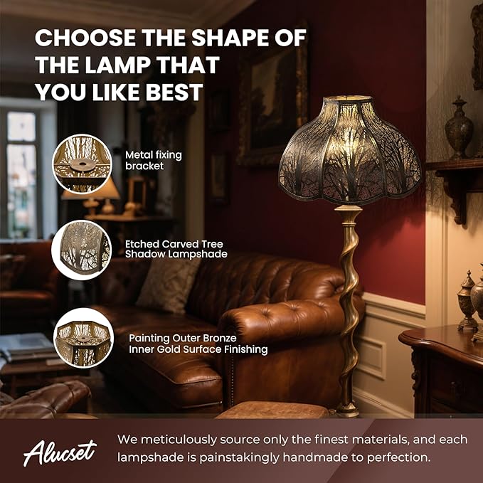 ALUCSET Octagonal Large Lampshade, Lotus Shaped Etched Forest Metal Lamp Shade Replacement for Table and Floor Light Cover, Antique Bronze and Gold, 6" Top x 17" Bottom x 11" High Large Lampshades