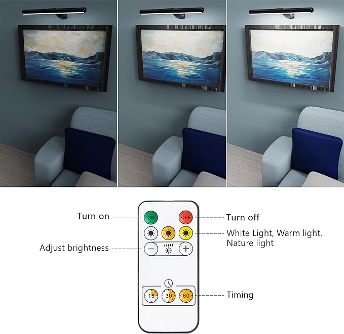 16'' Picture Light Wireless Rechargeable with Remote Control,Art Light Light for Painting, Display Lamp Dimmable Timer auto-Off,Led Picture Lighting for Paintings Dartboard Gallery