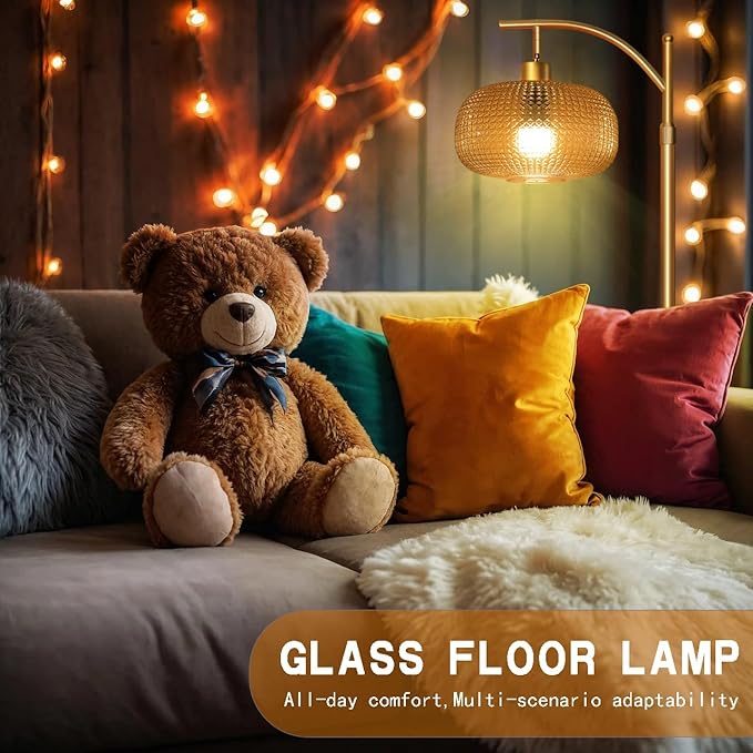 Glass Floor Lamp for Living Room with Amber Glass Lampshade, Dimmable Modern Floor Light with 12W LED Bulb, Remote Control Tall Standing Lamp for Bedroom