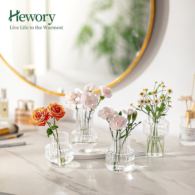 Hewory Ribbed Bud Vases for Centerpieces: Set of 4 Small Clear Glass Vase for Bridal Baby Shower Home Decor - Modern Table Decoration for Wedding & Event Planners