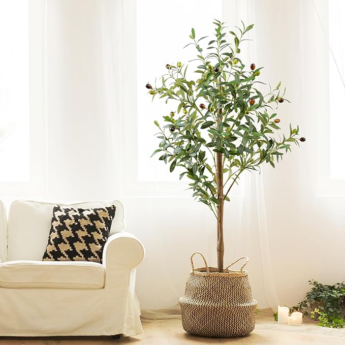 4FT Artificial Olive Tree Indoor, Tall Faux Olive Tree with Pot&Basket, Large Fake Olive Tree with Realistic 576 Silk Leaves and 32 Fruits for Living Room Home Office Decor