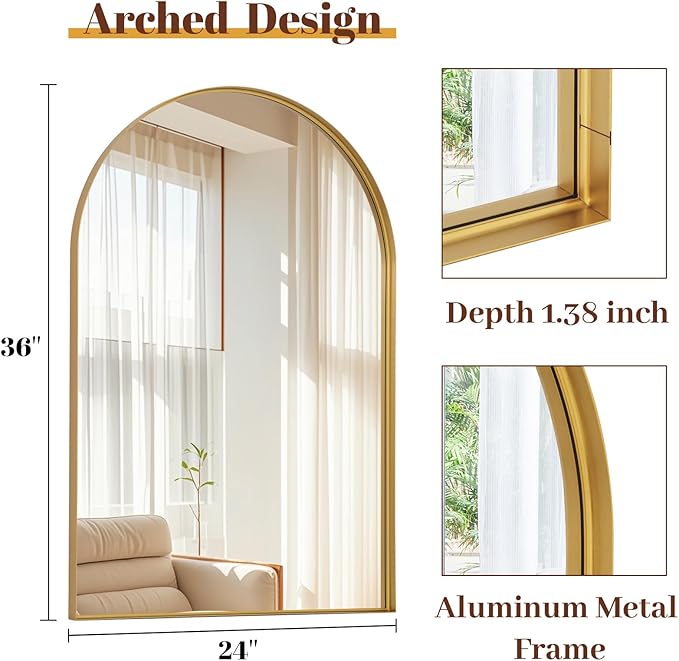 24" x 36" Luxury Arched Bathroom Mirror - Arch Wall Mirror with Shatterproof Tempered Glass and Metal Deep Frame, Hanging or Leaning for Living Room, Dresser, Entrance and Hallway, Gold