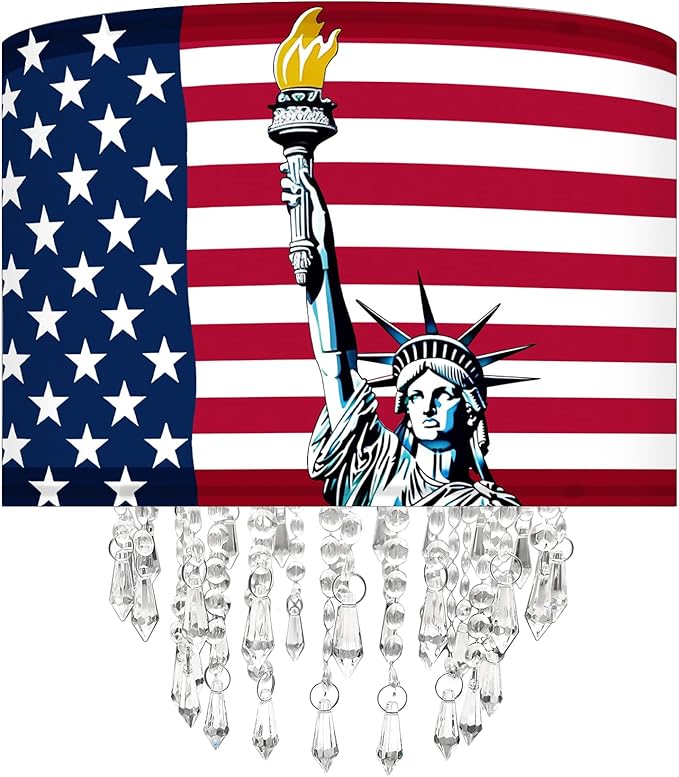 Star Vision Patriotic Fabric Lampshade with Beaded Droplets, American Flag & Statue of Liberty Design Light Shade for Pendant, Table, Wall & Floor Lamps, 4th of July Decor, Vintage Americana Lighting