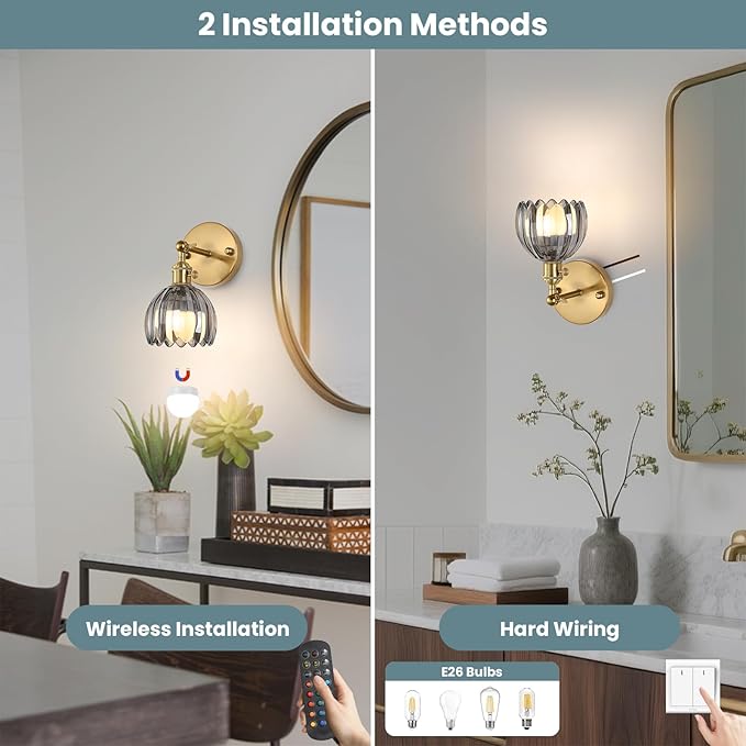 Battery Operated Wall Sconce Set of 2 with Smoke Gray Floral Glass Shade Vintage Wireless Wall Light with Remote Control for, Living Room, Bedroom and Bathroom Timer/Memory Function/Dimmer