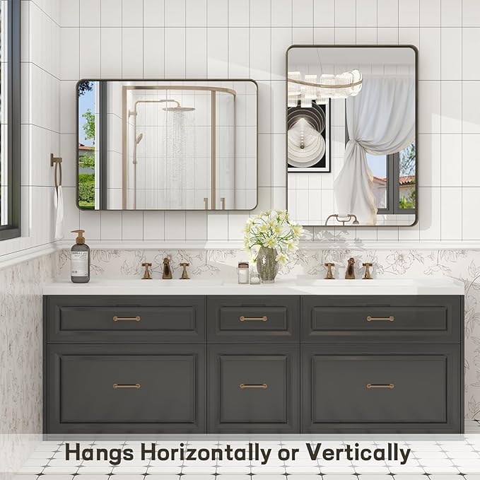 24x32 Inch Bronze Framed Bathroom Mirror, Brushed Bronze Metal Vanity Mirror, Bronze Rectangle Wall Mirror, Rounded Corner, Tempered Glass, Anti-Rust, Shatterproof (Horizontal/Vertical)