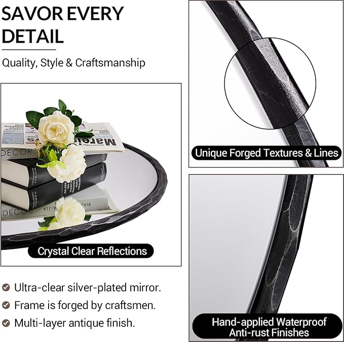 ANDY STAR Hand-Forged Black Round Mirror for Wall, 30 Inch Stainless Steel Metal Frame Circle Mirror, Antique Rounded Bathroom Mirror for Living Room, Bedroom, Entryway, Vanity