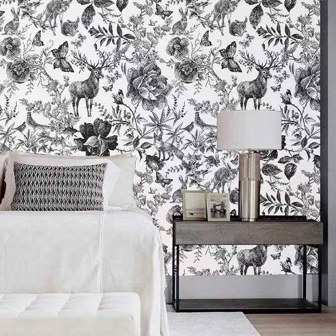Black and White Vinyl Wallpaper, Removable Floral Wallpaper, 118.1''X17.71'', 14.5 sq.ft, Furniture Wall Shelf Drawer Liner