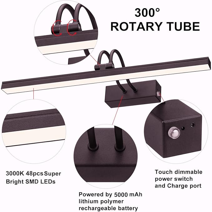 FUNCHDAY Picture Light Wireless, Rechargeable Battery Operated Painting Light with Remote, Dimmable 48 LED Art Lighting, 16" Picture Lights for Wall Paintings,Gallery Display,Dartboard (Dark Bronze)