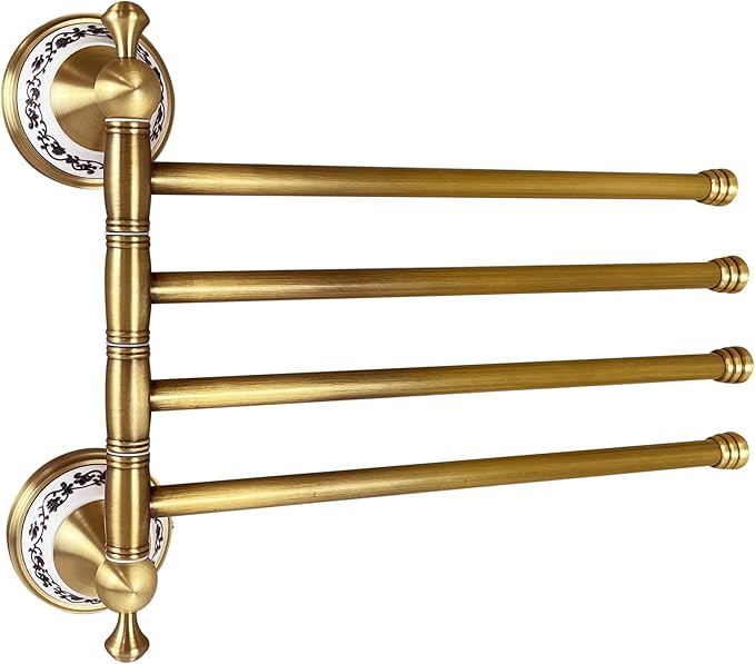 Swivel Towel Rack for Bathroom, Antique Bronze Folding 4 Arms Hand Towel Bars Towel Hanger for Laundry, Wall Mount Storage Space Saving,Porcelain Design
