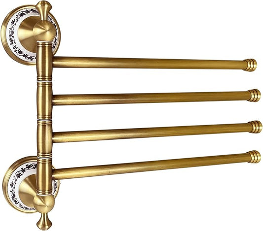 Swivel Towel Rack for Bathroom, Antique Bronze Folding 4 Arms Hand Towel Bars Towel Hanger for Laundry, Wall Mount Storage Space Saving,Porcelain Design