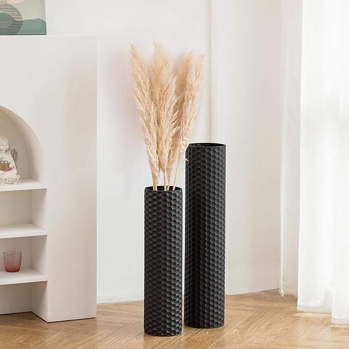 Sziqiqi Black Cylinder Tall Floor Vase: 27.6/21.7in Metal Extra Large Decorative Vase Set of 2 Living Room Modern Honeycomb Texture Big Standing Vase for Dining Bedroom Home Corner Indoor Office