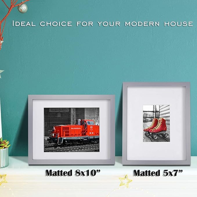Egofine 11x14 Picture Frames, 4 Pack Display Pictures 5x7/8x10 with Mat or 11x14 Without Mat Made of Solid Wood Covered by Plexiglass for Table Top Display and Wall Mounting Photo Frame, Light Gray