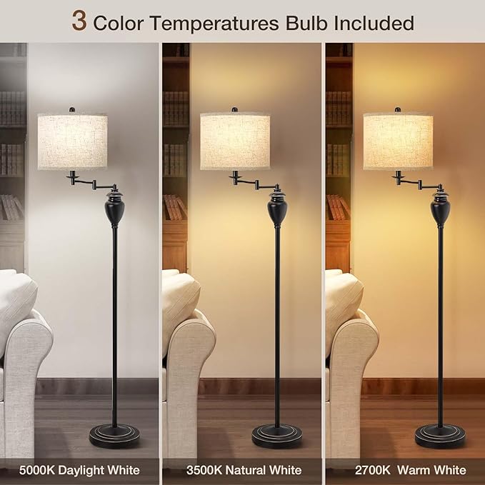 Floor Lamp for Living Room, 3 Color Temperature 350° Adjustable Swing Arm Floor Lamp Vintage Standing Lamp Traditional Farmhouse Tall Floor Lamps for Bedroom Office Home Nursery Study Room Hotel
