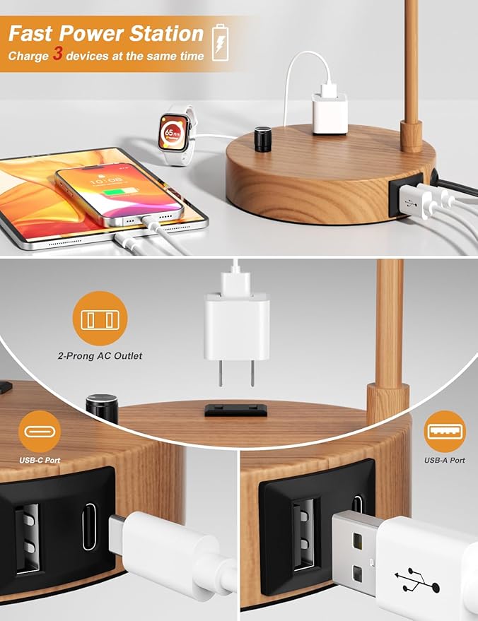 Wood Tall Table Lamp with USB Port and Outlet, Dimmable Nightstand Bedside Lamps with Linen Lampshade, Desk Lamp for Bedroom, Living Room, Guest Room, Home Office, LED Bulb Included