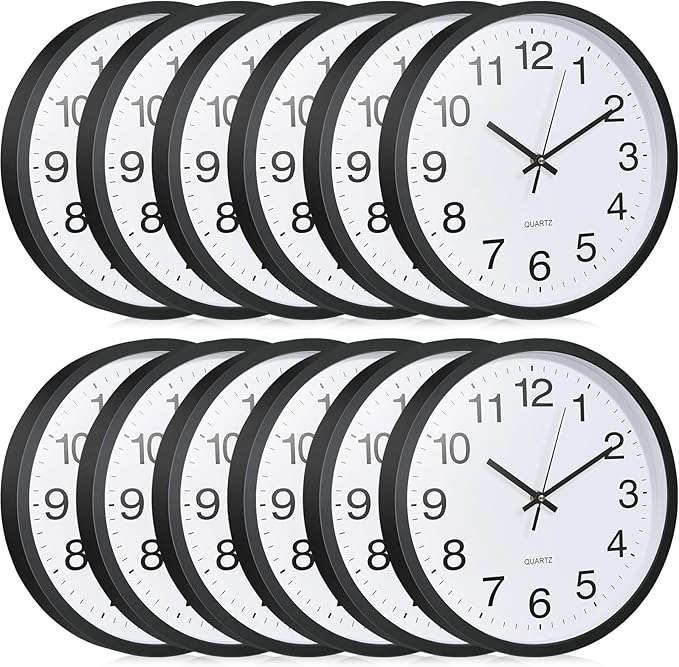 Inbagi 12 Pieces Silent Wall Clock Large 12 Inches Quartz Analog Clock Non Ticking Round Easy to Read Battery Operated for Classroom Office School Kitchen Bedroom Living Room Decorative