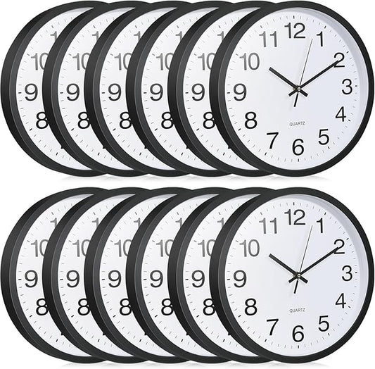 Inbagi 12 Pieces Silent Wall Clock Large 12 Inches Quartz Analog Clock Non Ticking Round Easy to Read Battery Operated for Classroom Office School Kitchen Bedroom Living Room Decorative
