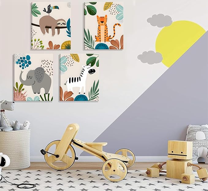 4pcs framed Baby Safari Nursery Wall Art Zebra elephant tiger monkey Pictures Poster Cute Animal Canvas Paintings Prints Decor for Kid Room Baby Room Wall Decor