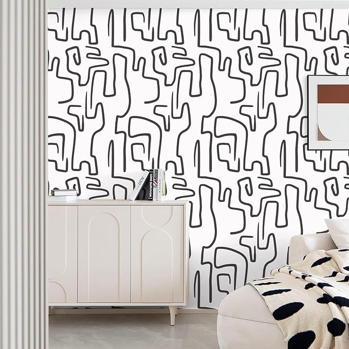 Ismoon 17.3"X393" Unique Black and White Peel and Stick Wallpaper Scribbles Wallpaper Modern Abstract Contact Paper Removable Self-Adhesive Wall Paper for Home Decoration Vinyl Film Roll