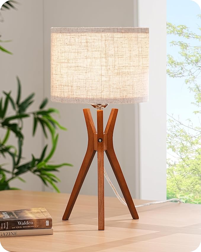 EDISHINE Mid Century Table Lamp, 17.5" Tripod Bedside Lamp with Deep Wood Color Light Base & Beige Linen Lampshade, Nightstand Lamp for Bedroom, Living Room, Reading Room, E26 Base