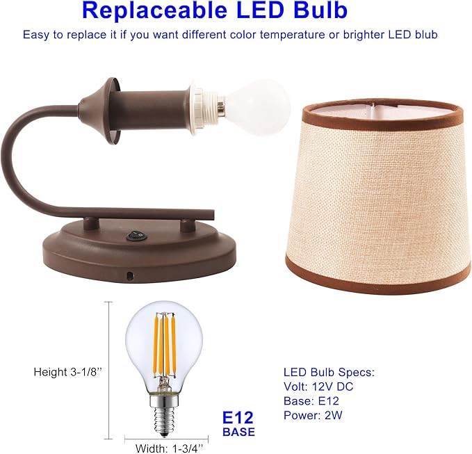 12V LED RV Wall Sconce with On/Off Switch (LED Bulb Included), Decorative Fabric Light Fixture with 1 Bulb, 12Volts Interior Light for RV, Motorhome, Camper, Boat