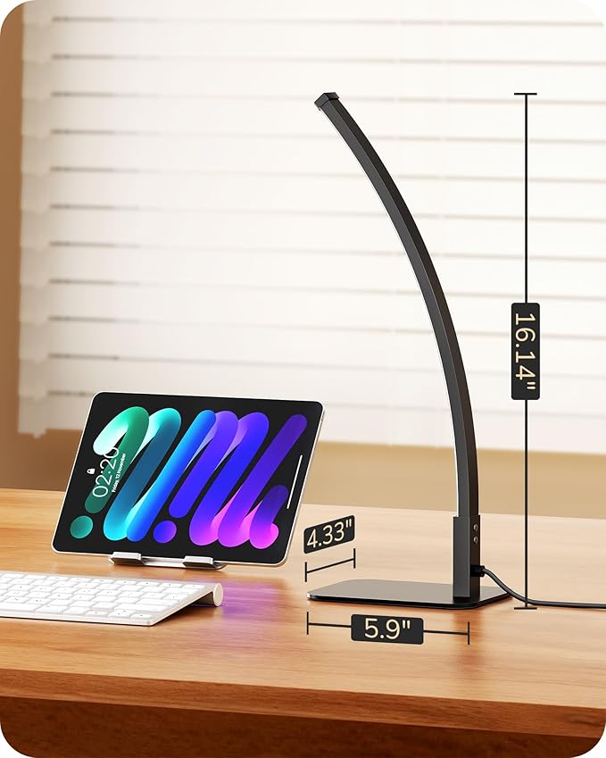 EDISHINE Curved LED Table Lamp, Modern Bedside Lamp with 3 Color Temperature & Stepless Dimming, Aluminum & Iron, Nightstand Lamp for Bedroom, Living Room, Black