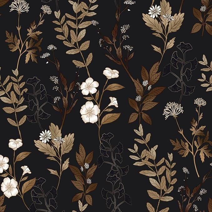 Black Floral Wallpaper Peel and Stick Gold Leaf Contact Paper Leaf Wallpaper Waterproof Self-Adhesive Wall Covering for Bedroom Countertop Desk Cabinets Decor 17.4" x 78"