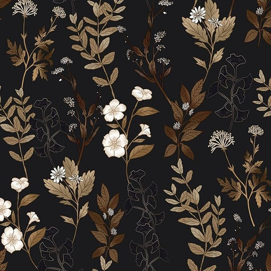 Black Floral Wallpaper Peel and Stick Gold Leaf Contact Paper Leaf Wallpaper Waterproof Self-Adhesive Wall Covering for Bedroom Countertop Desk Cabinets Decor 17.4" x 78"