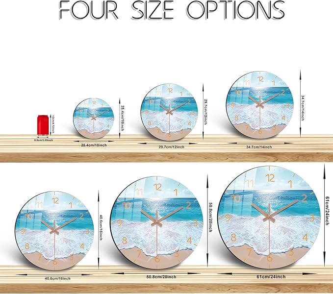 Coastal Wooden Wall Clock Battery Operated 10 Inch Beach Silent Wall-Clock Non Ticking Analog Blue Wall Clocks for Bedroom, Office Decor