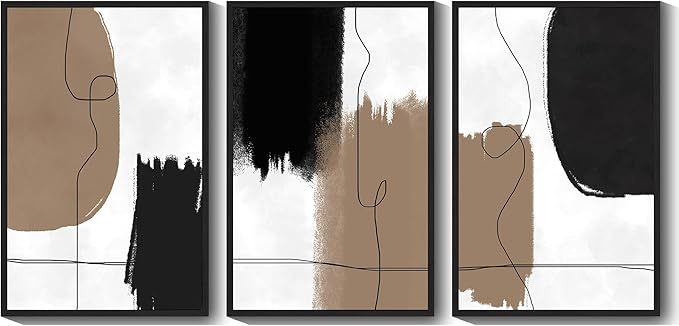 KUVIOKE Neutral Abstract Framed Wall Art Beige Mid Century Textured Wall Decor Minimalist Line Modern Illustrations Art Print Home Decor 24x36in (Black Framed)