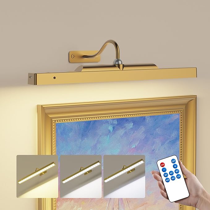 Wireless Picture Light Battery Operated, 1Pack Remote Control Painting Light with Timer, 13Hrs Service Life Art Display Light for Picture Frame Artworking Portrait, Poster, Photo, Mirror -Brass