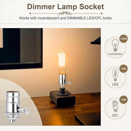 DiCUNO UL Listed Full Range Dimmer Lamp Socket Replacement, Vintage E26 Light Bulb Socket, Rotating Dimmer Switch Knob for Table, Floor Lamp, DIY Project, Silver, 150 Watt, 2-Pack