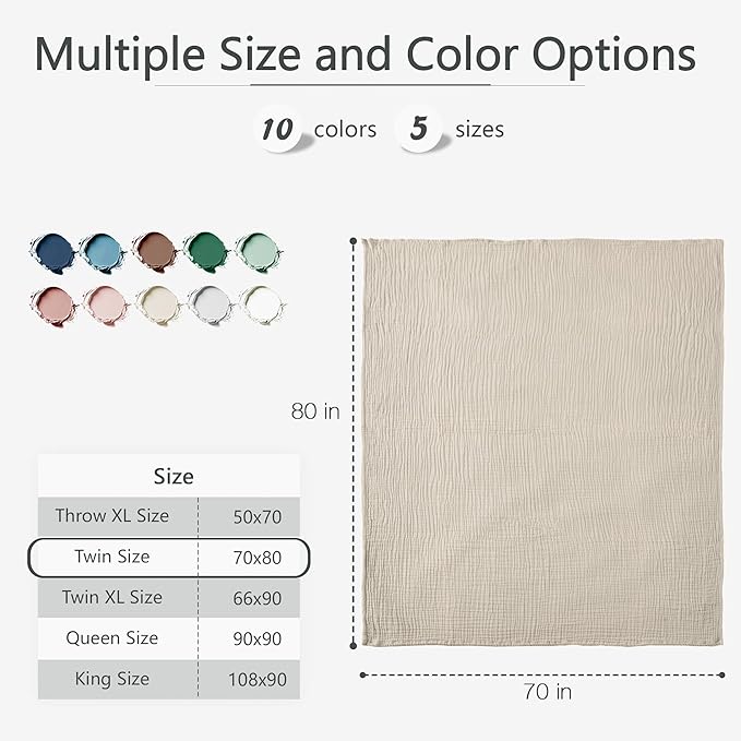 Carriediosa 100% Cotton Muslin Throw Blanket 70" X 80" Twin Size，4-Layers Summer Gauze Throws for Bed Couch，Soft Lightweight Breathable Linen Blankets Bedspread for Adults All Season，Khaki