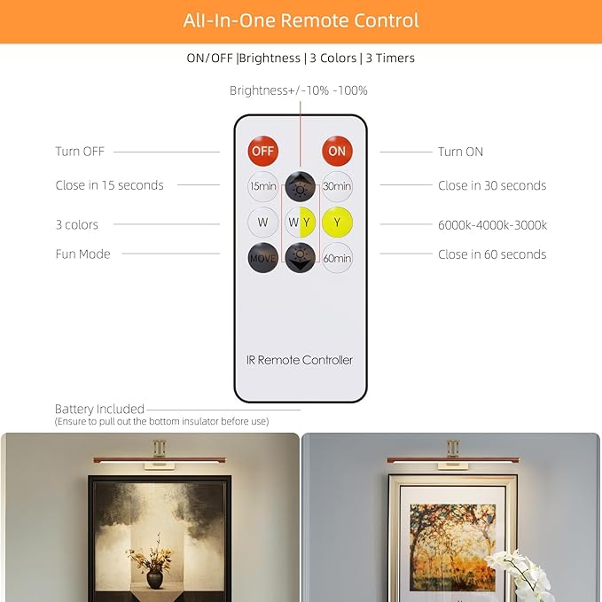 Wireless Picture Lights for Wall Rechargeable,16.1" Battery Operated Art Light for Paintings,3CCT Dimmable with Remote,Rotatable Gallery Light for Pictures Display,Wood Grain