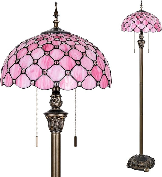 Tiffany Floor Lamp Stained Glass Pearls Beads Standing Reading Light 16x16x64 Inch Retro Inspired Pole Corner Lighting Art Decor for Bedroom Living Room Home Office (Pink)