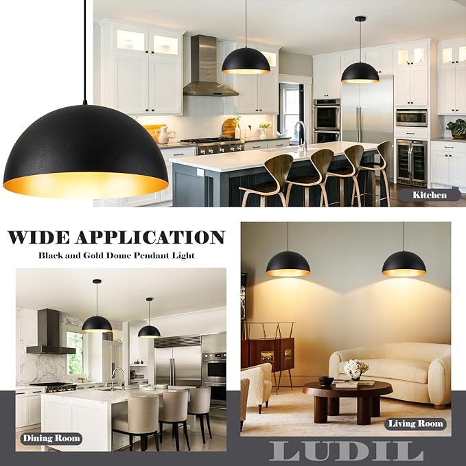 Industrial Pendant Lighting for Kitchen Island, 16 Inch Black and Gold Metal Dome Pendant Light Fixtures, Hemispherical Hanging Ceiling Light E26 Base for Reading Dining Room Foyer Cafe, 2 Pack