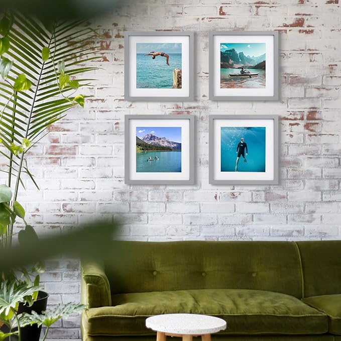 Egofine 11x11 Picture Frames 4 Pack, Display Pictures 4x4 or 8x8 with Mat or 11x11 Without Mat Made of Solid Wood Covered by Plexiglass for Table Top Display and Wall Mounting Photo Frame, Light Gray