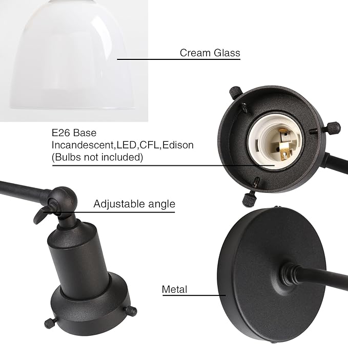 PERMO Industrial Sconces Vintage Slope Pole Wall Mount Single Sconce with 6.7" Oval Dome Milk White Glass Shade Wall Light Fixture for Livingroom Bedroom