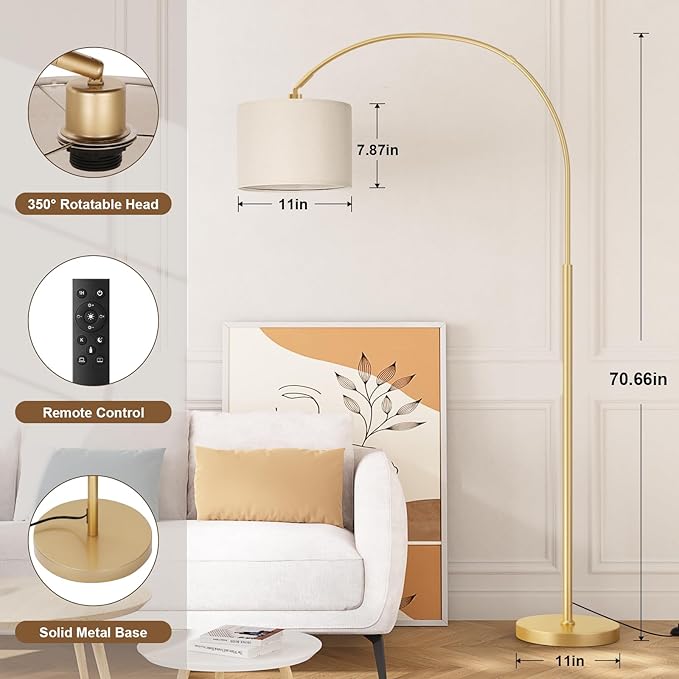 Ambimall Dimmable Arc Floor Lamp with Remote, Color Temperatures and Brightness Adjustable, Arched Floor Lamp with Rotating Head, Over Couch Arched Reading Light for Living Room (Deep Beige and Gold)