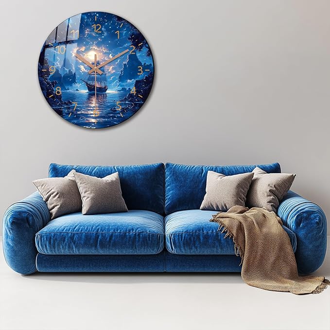 Oversized Coast Wall-Clock 24 inch Blue Beach Silent Clocks Battery Operated Wooden Round Wall Clock for Office, Living Room Wall Decor