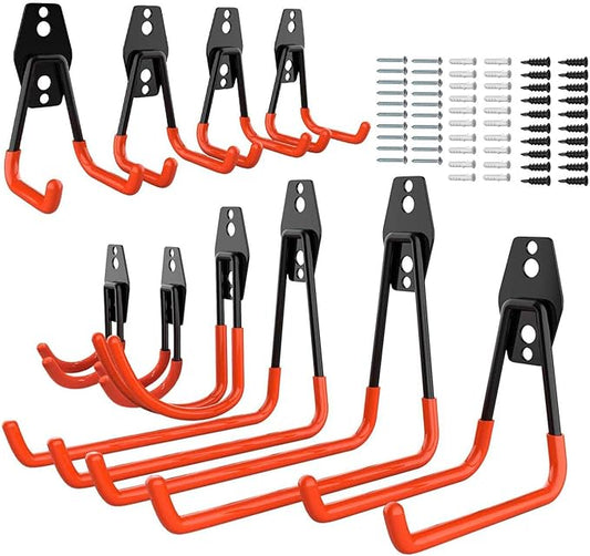 10-Pack Steel Garage Storage Utility Double Hooks, Heavy Duty for Organizing Power Tools, Ladders, Bulk Items, Bikes, Ropes Helmet Skateboard Basketball (Orange)