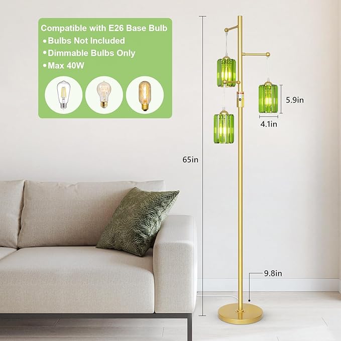 Gold Floor Lamp for Living Room with Green Crystal Shades, 3 Lights Modern Boho Tree Standing Lamp Dimmable, Dimmer Switch, 65IN Vintage Brass Tall Floor Lamps for Bedroom Office Reading Corner