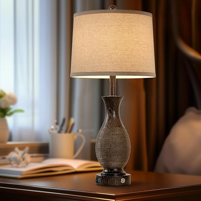28" Rustic Farmhouse Lamps for Living Room Set of 2 Bedside Table Lamps for Bedroom Nightstand with USB A+C Charging Ports, 3-Way Dimmable Touch Lamp, Brown, Linen Lampshade, LED Bulbs Included