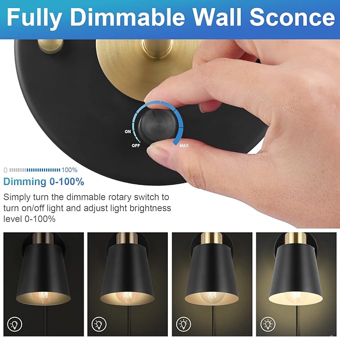 Wall Sconce Plug in, Dimmable Wall Sconces Adjustable Wall Lights with Plug in Cord and Dimmer On/Off Rotary Switch, Wall Mounted Light for Bedside Bedroom LivingRoom(2 Bulbs Included)