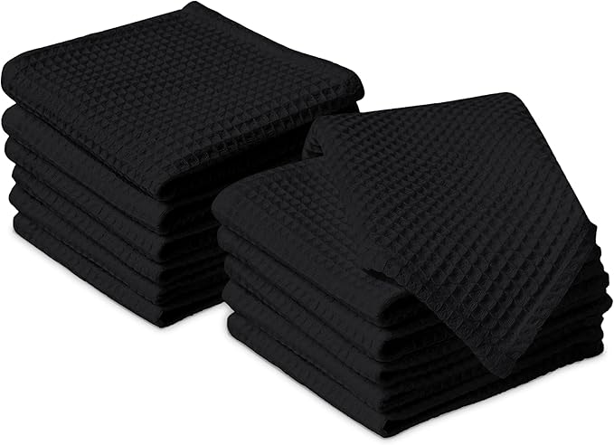 Encasa XO' Waffle Weave Face & Hand Towels – 12"x12", Black Washcloths Set of 12 – Quick Drying for Bathroom, Gym, Kitchen & Travel – Small Reusable Dish Cloths & Face Wipes for Everyday Use