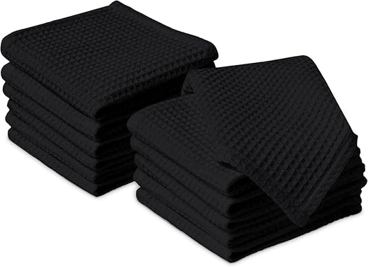 Encasa XO' Waffle Weave Face & Hand Towels – 12"x12", Black Washcloths Set of 12 – Quick Drying for Bathroom, Gym, Kitchen & Travel – Small Reusable Dish Cloths & Face Wipes for Everyday Use