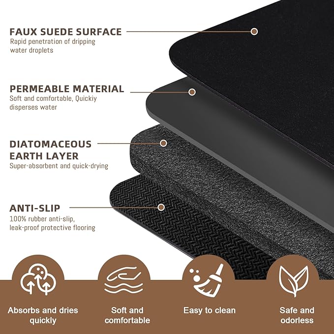 Diatomaceous earth bath mat Bathroom Rugs Sets 3 Piece Super Absorbent Quick Dry Bath Mats, Rubber Non Slip Shower Mat and Toilet Mat U Shape, Shower Rug for in Front of Bathtub Shower, Black